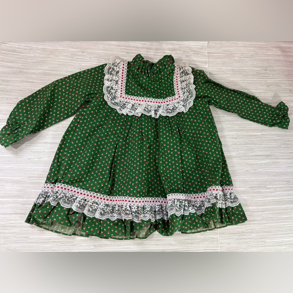 SEARS 2T ✨ VINTAGE toddler smock Green Floral Dress with Lace Detail VGUC